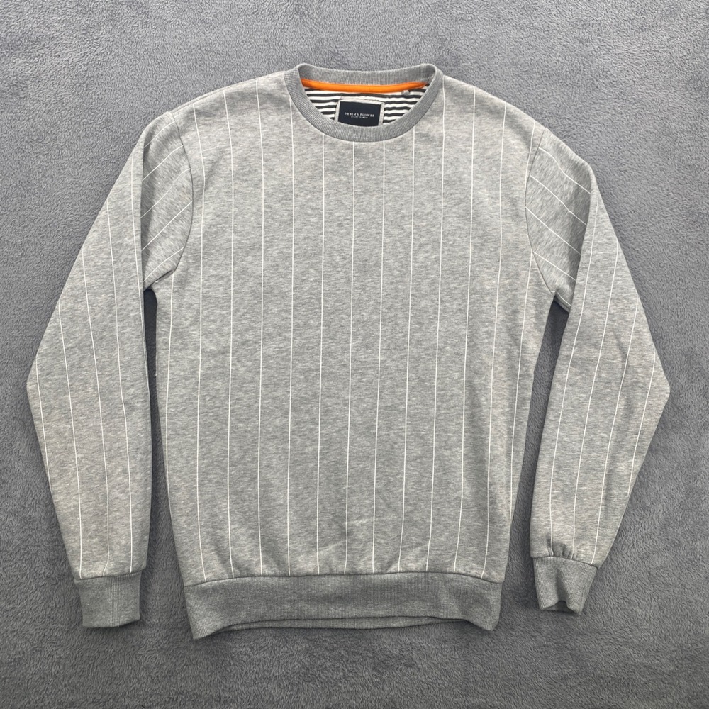 Denim & Flower Sweatshirt Mens Small Gray Pinstripe Crew Neck Pullover 469